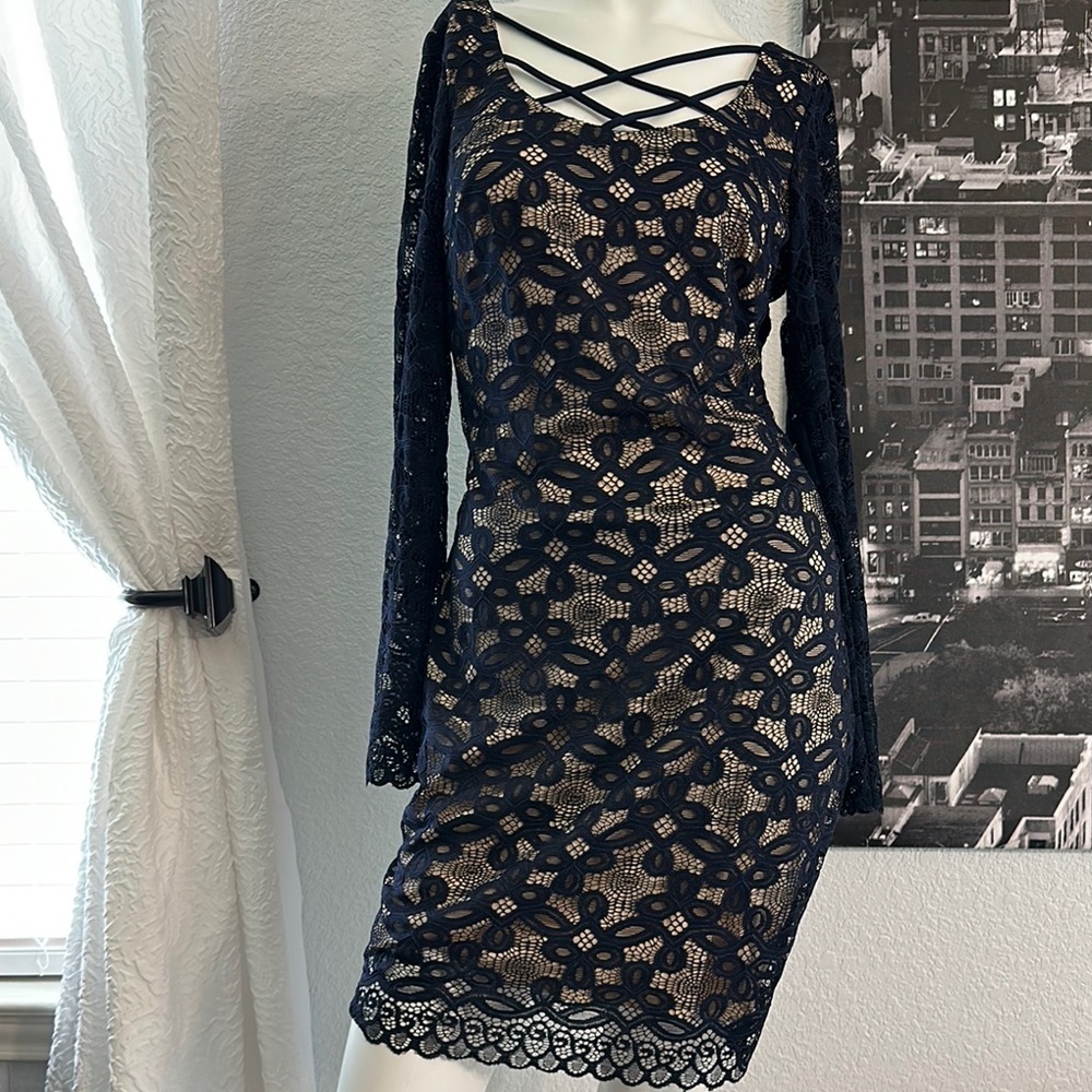 B Darlin Navy Lace Long Sleeve Dress